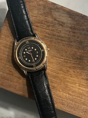 Fossil Black Dial Watch with Gold-Tone Bezel and Black Leather Strap